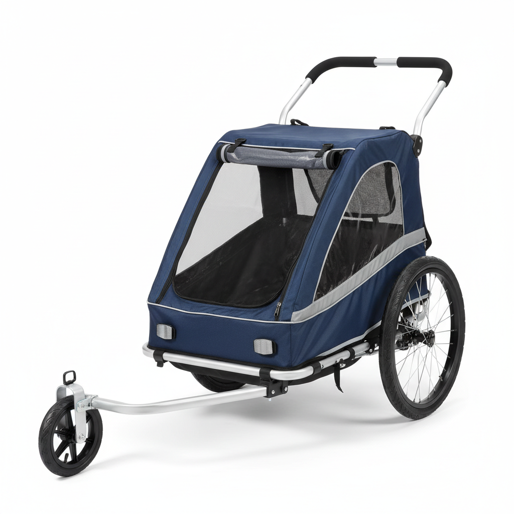 Remorque vélo pour chien bleu marine sur fond blanc
